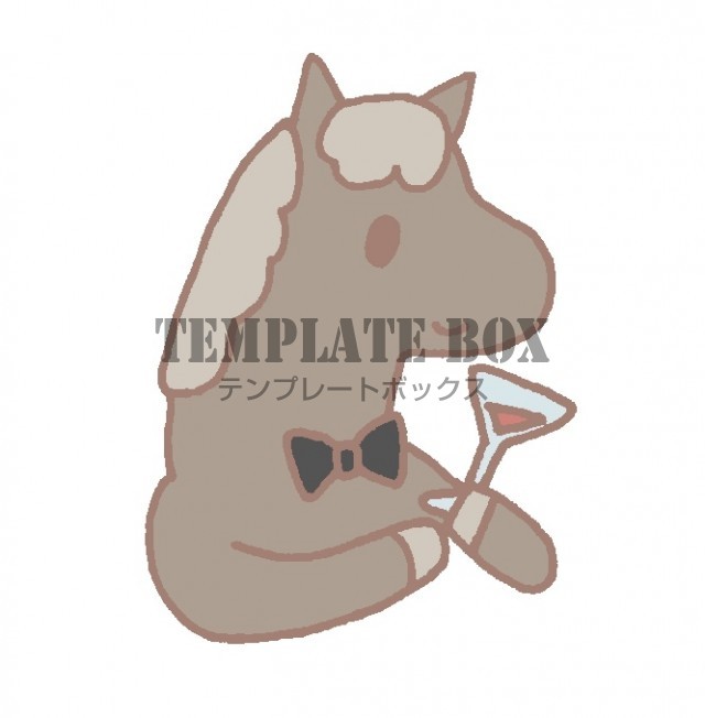 グラスを持っている蝶ネクタイをした馬のワンポイントイラスト