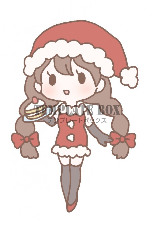 サンタクロースの格好をしてケーキを持っている女の子のワンポイントイラスト