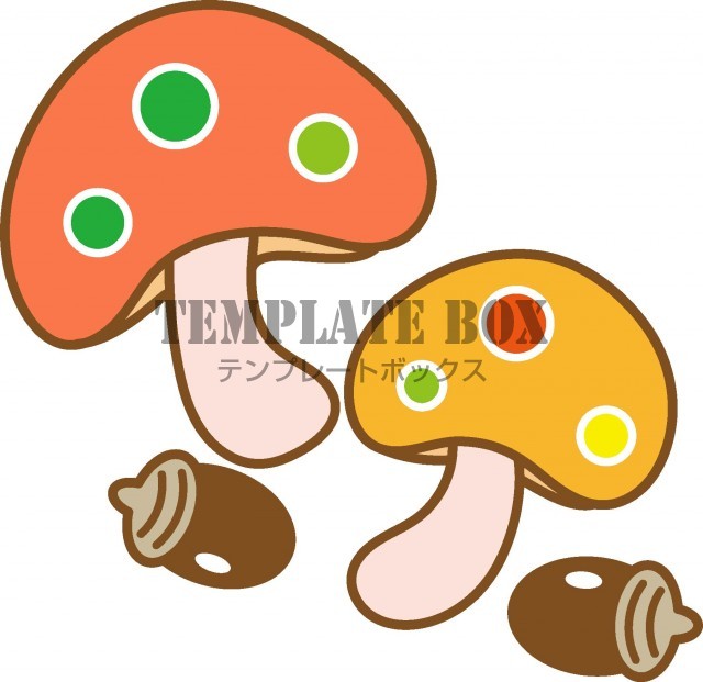 秋のイメージイラスト、かわいいキノコとコロンと転がったどんぐり