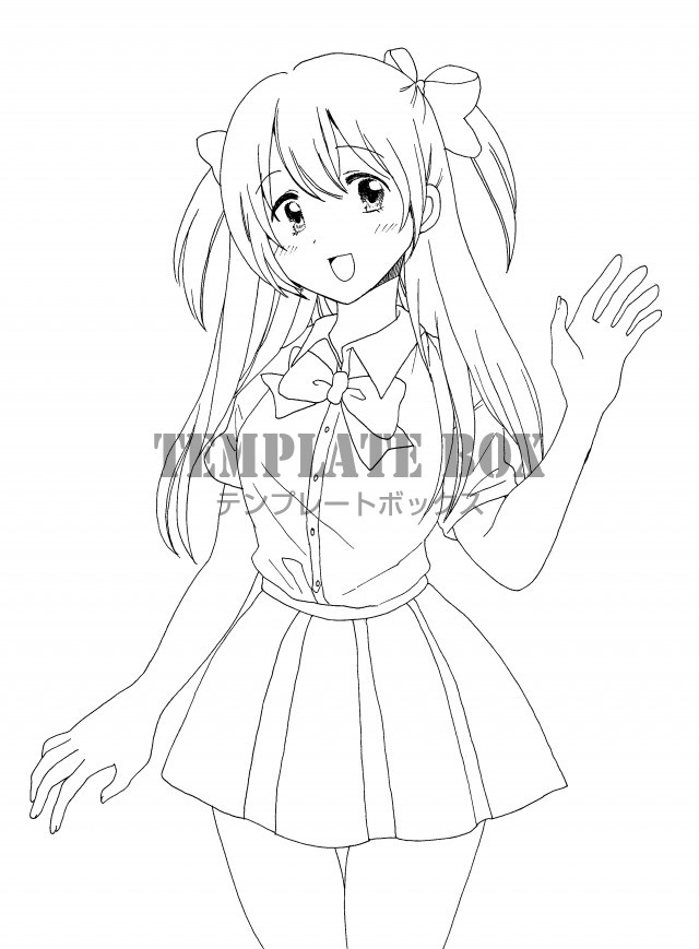漫画タッチの制服姿のかわいい女の子の塗り絵のテンプレート素材