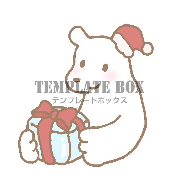 サンタクロースの帽子を被って氷のプレゼントを持っているシロクマ