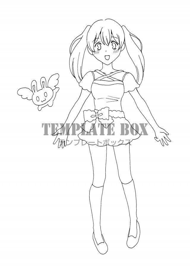 ツインテールの女の子の塗り絵のテンプレート素材