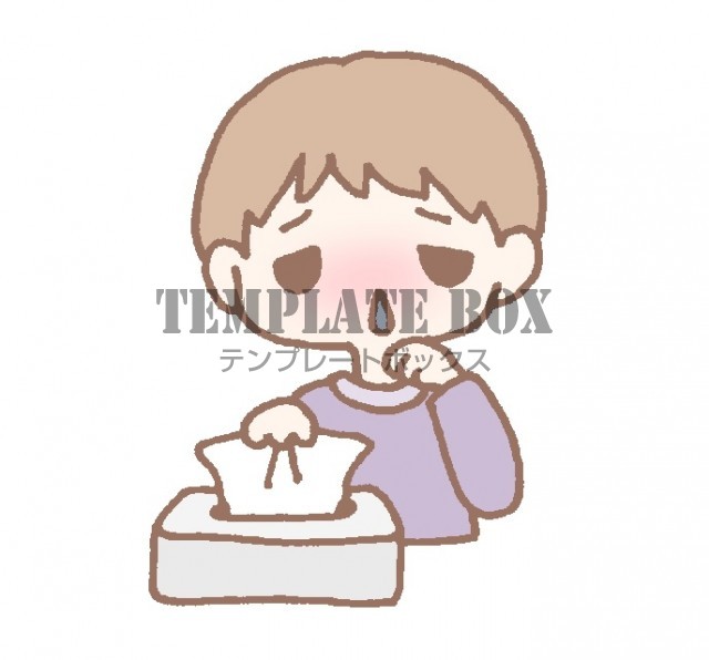 鼻水を垂らしてティッシュをとっている男性のワンポイントイラスト