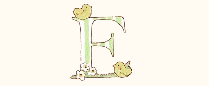 E｜イニシャル｜アルファベット｜ひよこ｜花｜無料イラスト素材｜無料｜ダウンロード