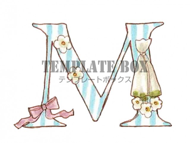 お花とリボンがかわいいイニシャルMのワンポイントイラスト