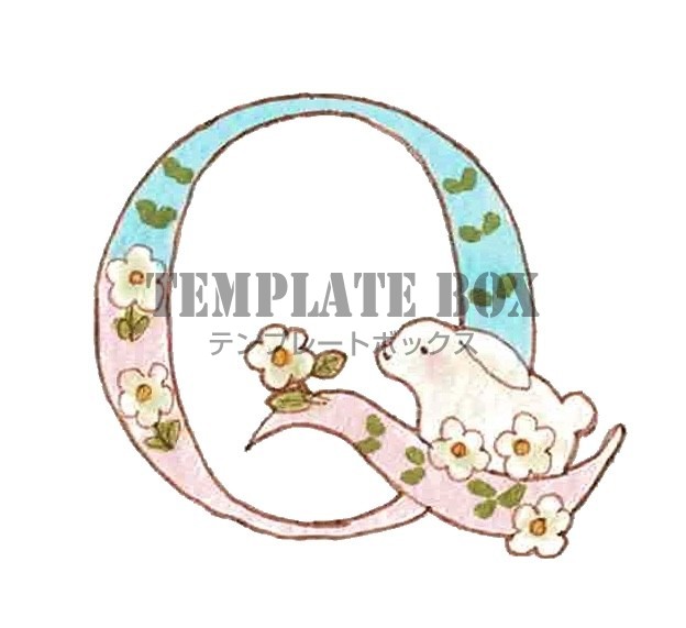 うさぎと花がかわいいイニシャルQのワンポイントイラスト