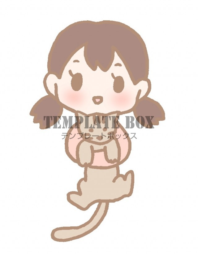 猫を抱っこしている女の子のワンポイントイラスト