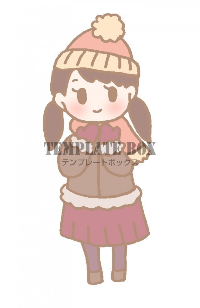 帽子、マフラー、コートを身につけている暖かそうな格好の女の子のイラスト