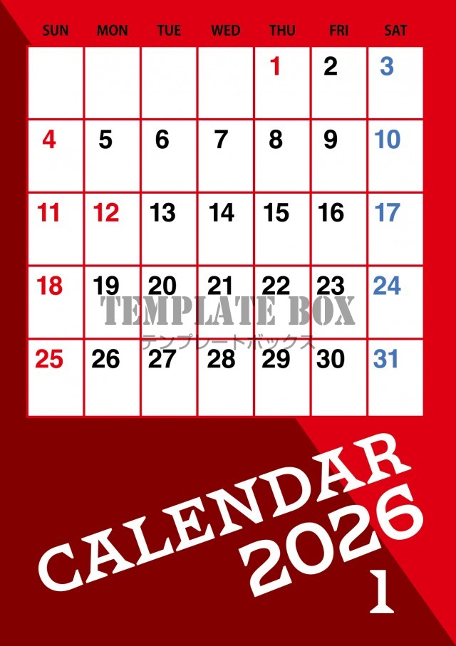 2026年1月カレンダー:縦型レッドカラーカレンダー