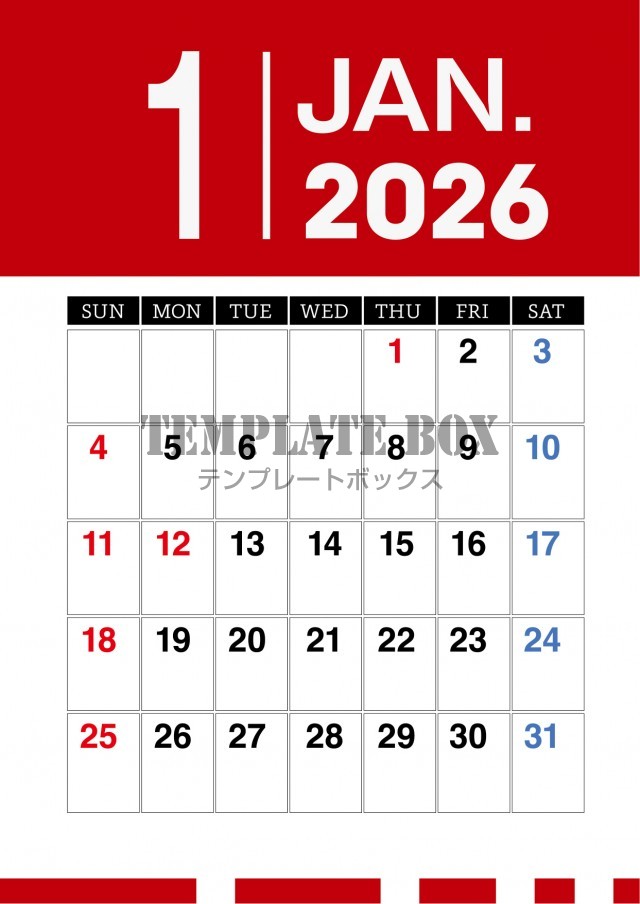 2026年1月カレンダー:縦型レッドカラーが特徴的カレンダー