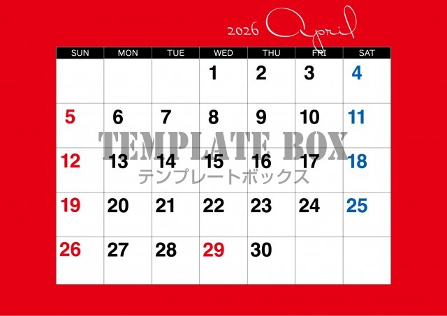 2026年4月カレンダー:横型赤枠カレンダー
