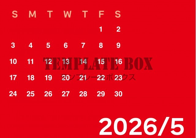 2026年5月カレンダー:横型赤が目立つカレンダー