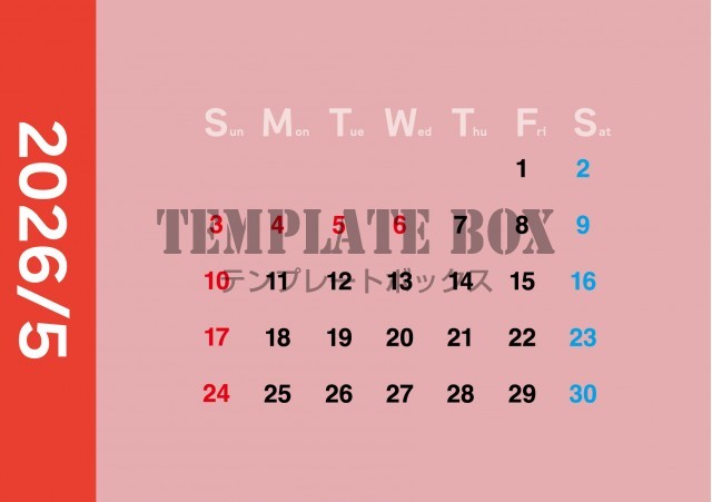 2026年5月カレンダー:ピンクが目立つ配色