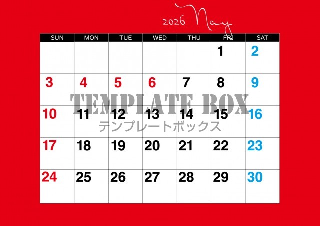 2026年5月カレンダー:横型赤枠カレンダー