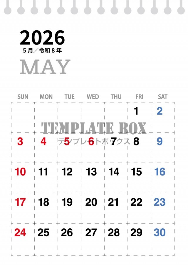 2026年5月カレンダー:縦型シンプルデザイン