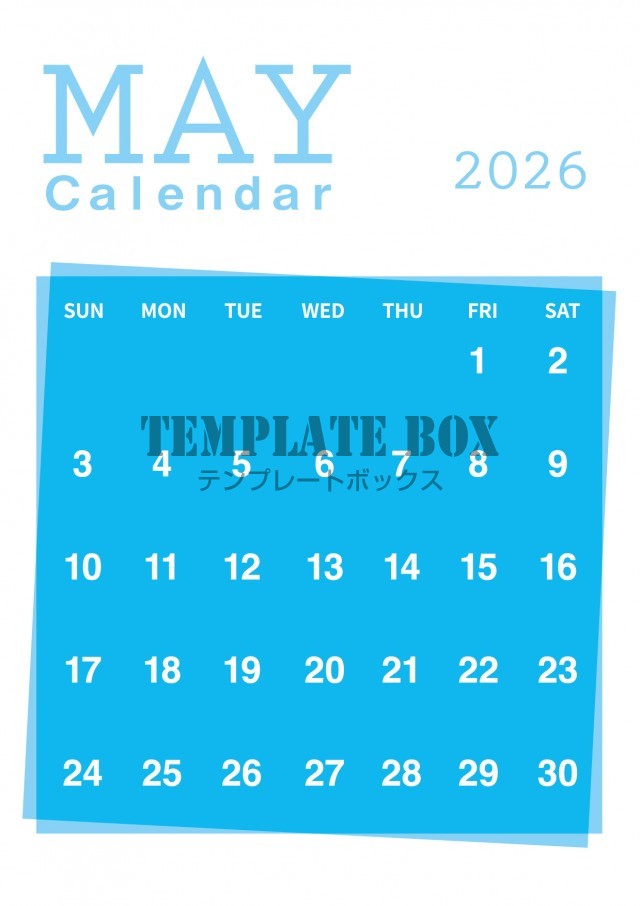 2026年5月カレンダー:縦型ブルーのデザイン