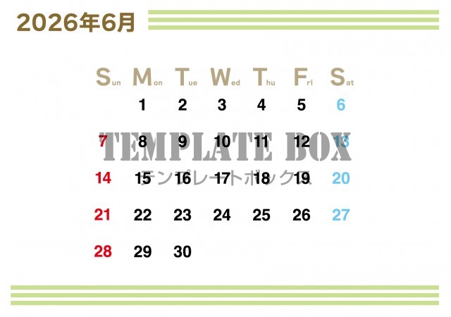 2026年6月カレンダー:横型シンプルかわいい
