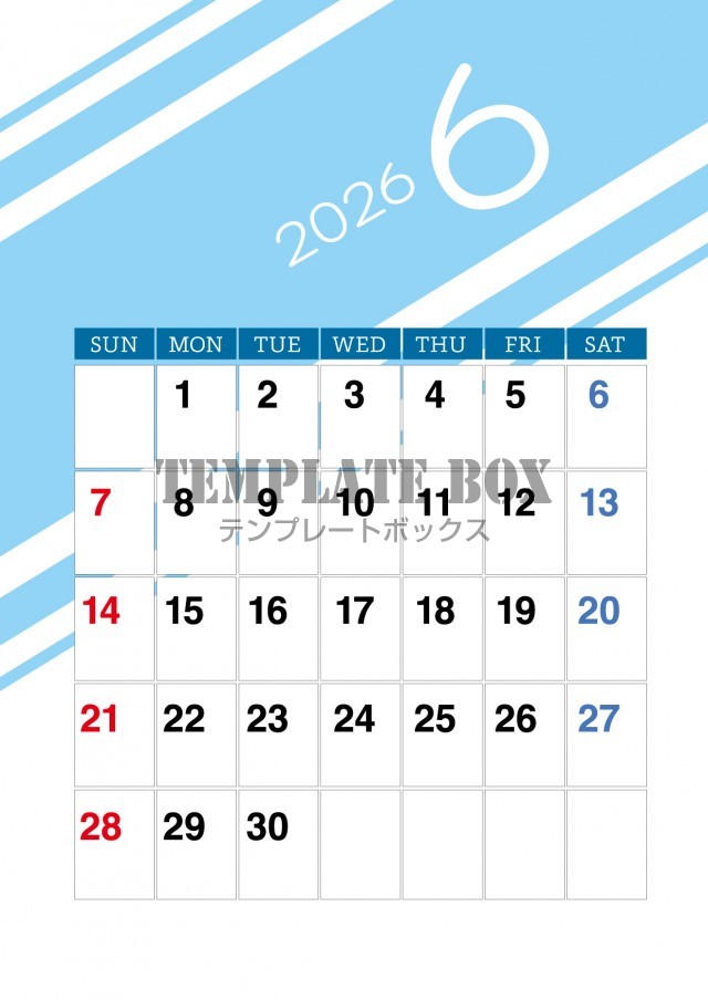2026年6月カレンダー:縦型青の爽やかカレンダー