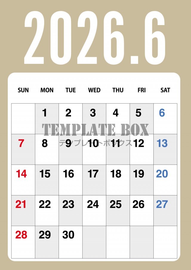 2026年6月カレンダー:縦型ナチュラルカレンダー