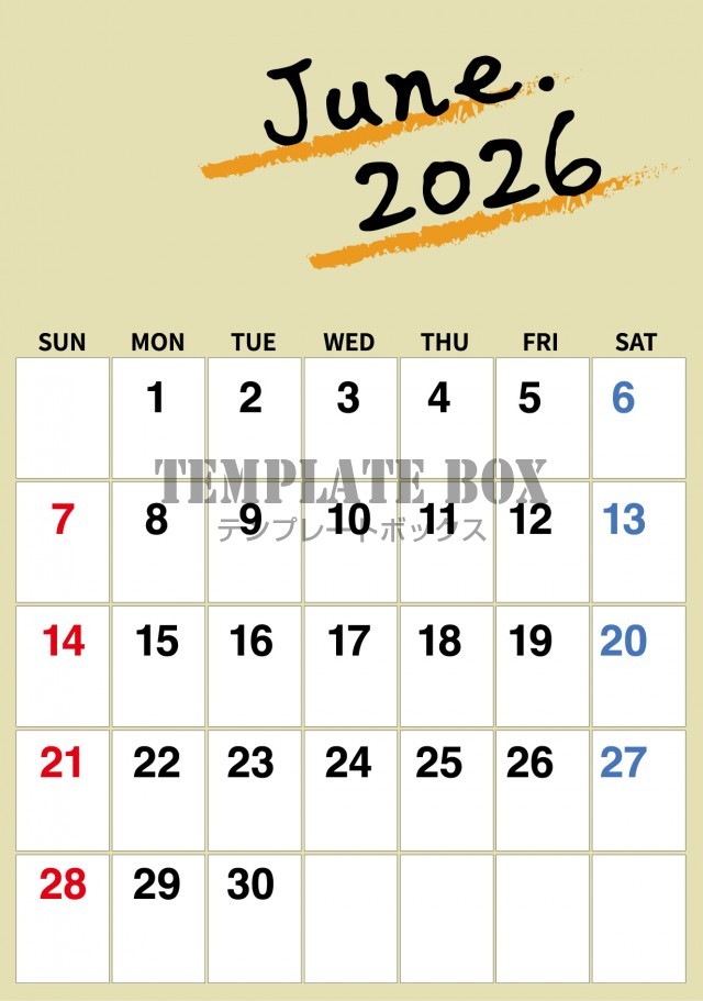 2026年6月カレンダー:縦型ナチュラルカレンダー