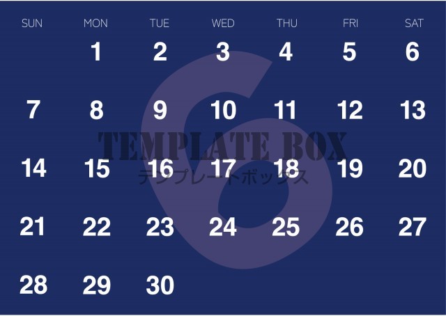 2026年6月カレンダー:横型青のかっこいいカレンダー