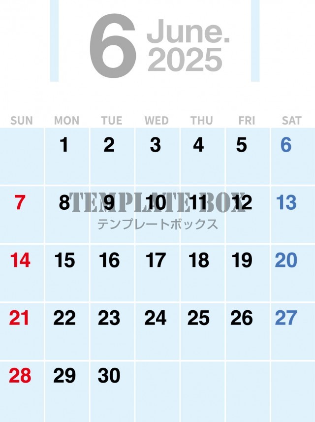 2026年6月カレンダー:縦型ブルーのおしゃれなカレンダー