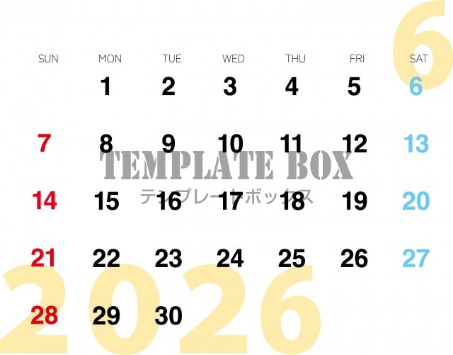 2026年6月カレンダー:横型シンプルかわいい