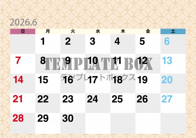 2026年6月カレンダー:横型優しい色合いカレンダー