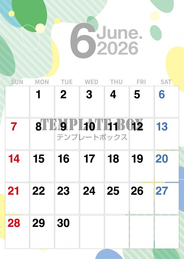 2026年6月カレンダー:縦型北欧柄のカレンダー