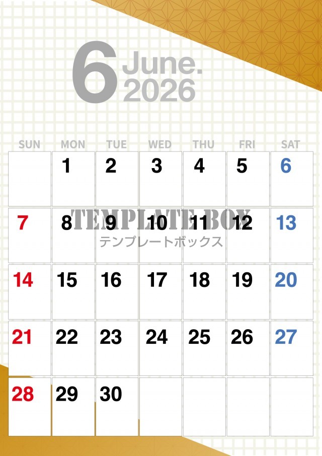 2026年6月カレンダー:縦型和風柄オシャレデザイン