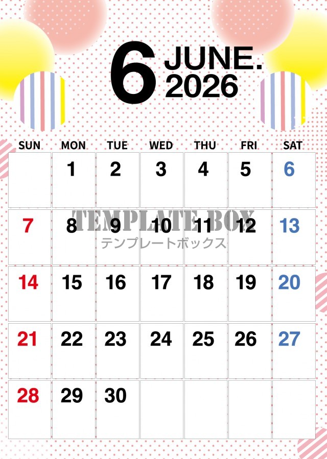 2026年6月カレンダー:縦型水玉カレンダー