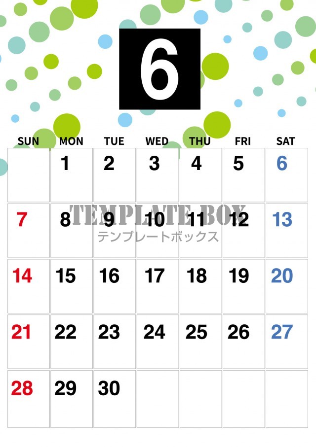 2026年6月カレンダー:縦型水玉カレンダー