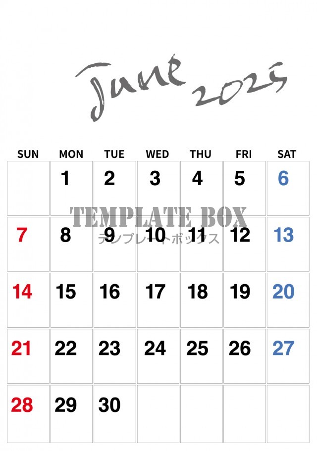 2026年6月カレンダー:縦型シンプルデザイン