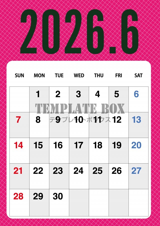 2026年6月カレンダー:縦型ピンクのおしゃれなカレンダー