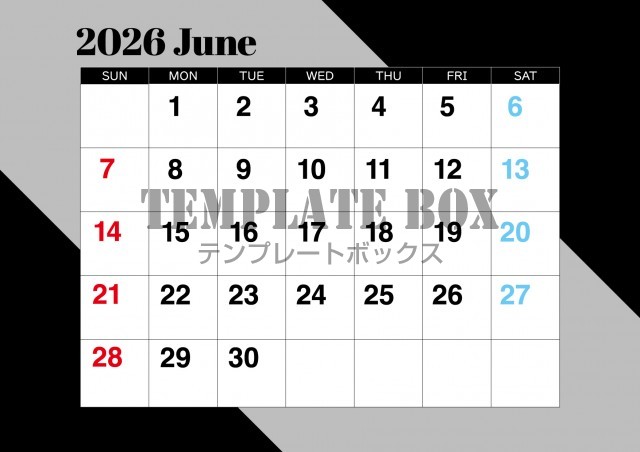 2026年6月カレンダー:横型モノクロデザイン