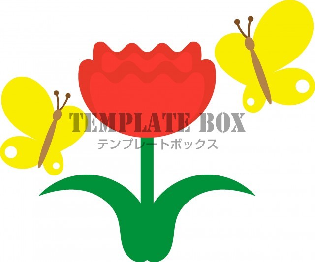 春のイメージのワンポイントイラスト、赤いチューリップの花とチョウチョ