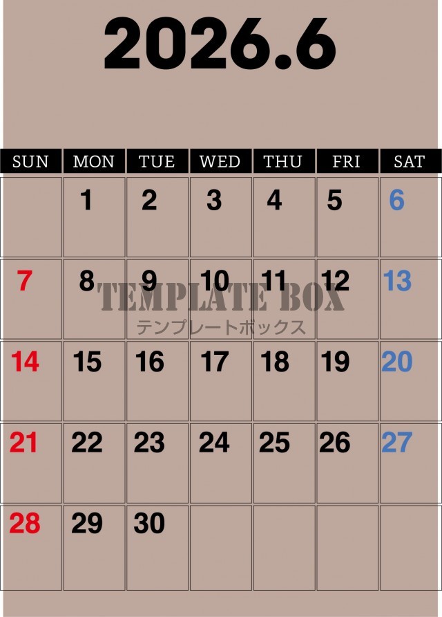2026年6月カレンダー:縦型ナチュラルカレンダー