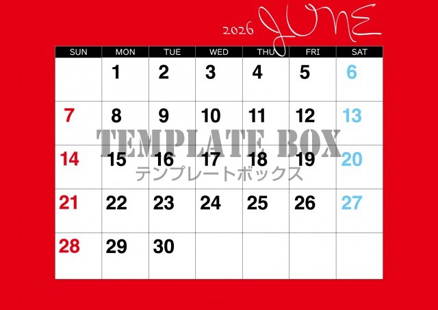 2026年6月カレンダー:横型赤枠カレンダー