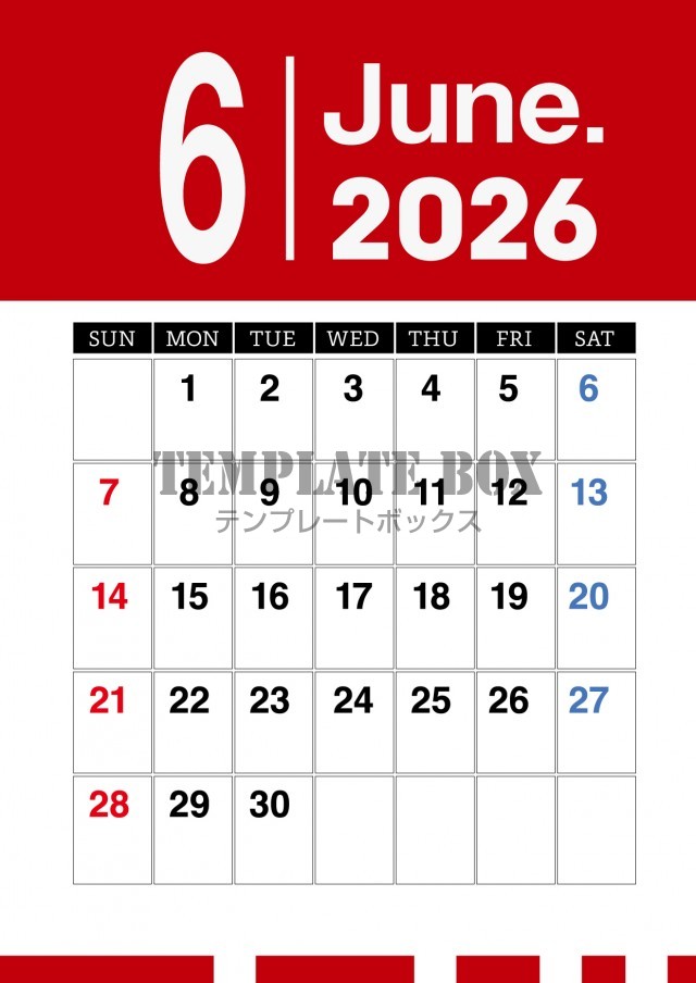 2026年6月カレンダー:縦型赤の派手カレンダー