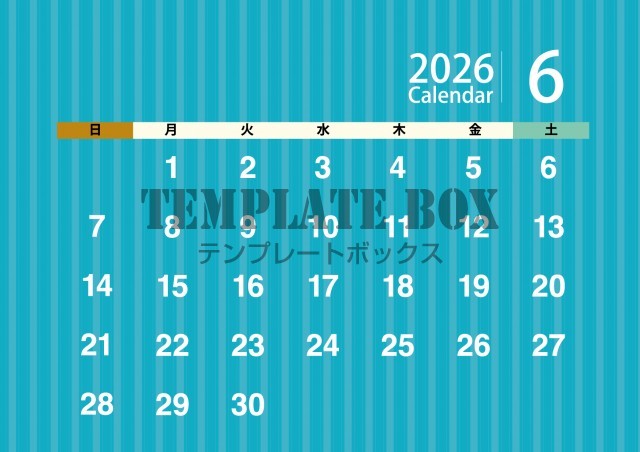 2026年6月カレンダー:横型ブルーのおしゃれなカレンダー