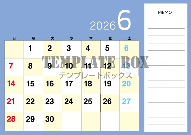 2026年6月カレンダー:横型メモ付きカレンダー
