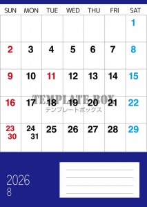 ２０２６年８月カ…