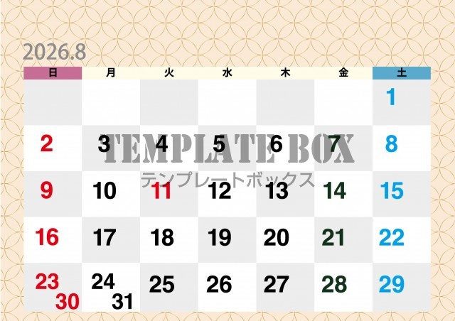2026年8月カレンダー:ベージュの優しい色合い