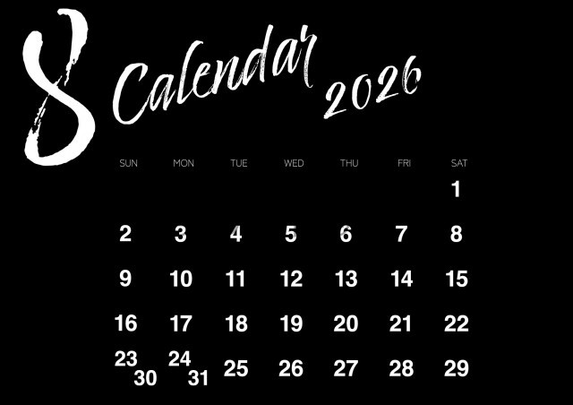 2026年8月カレンダー:背景がクロの白抜き