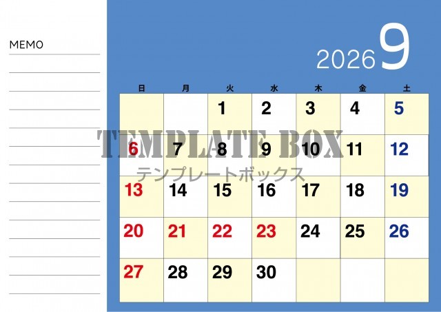 2026年9月のカレンダー:横型青のシンプルデザイン