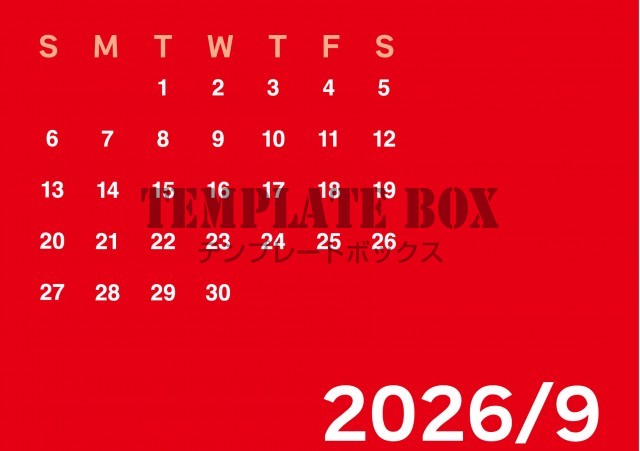 2026年9月のカレンダー:背景が赤のかっこいいカレンダー