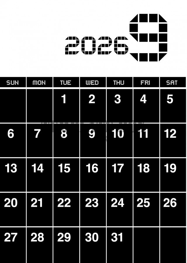2026年9月のカレンダー:モノクロ白抜きカレンダー