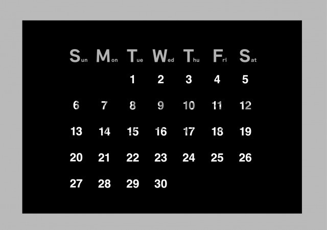 2026年9月のカレンダー:横型モノクロ白抜き文字