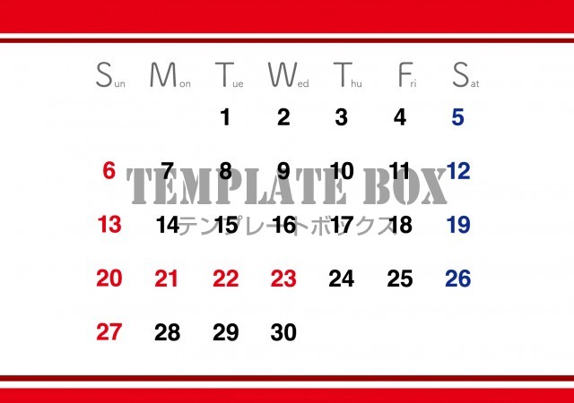 2026年9月のカレンダー:かっこいい赤いラインのデザイン