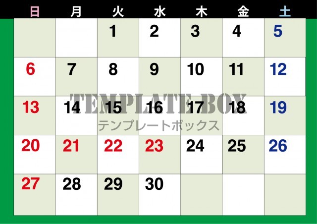 2026年9月のカレンダー:横型グリーンの市松柄